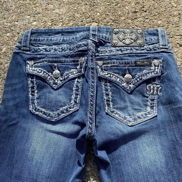 Miss Me Denim - Miss Me Jeans Womens Size 27 Mid Rise Easy Cropped Rhinestone Embelished Blue